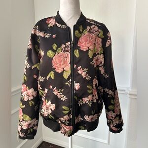J for Justify Brown and Pink Floral  Y2K Bomber Jacket, Size L